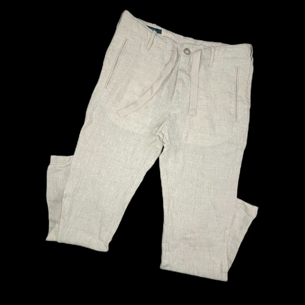 Perry Ellis Size 29(31) 100% Linen Flat Front Dress Pants Button Fly Cream Beach